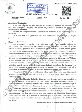 Première page de Français 4e, 4e ML — Devoir surveillé, 1er trimestre (2021-2022) · CPEG ROSAIRE