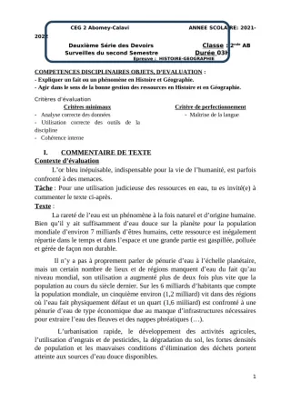 Première page de Histoire-Géographie 2nde A & B — 2e devoir surveillé, 2e semestre (2021-2022) · CEG2 ABOMEY - CALAVI (CEG ZOCA)