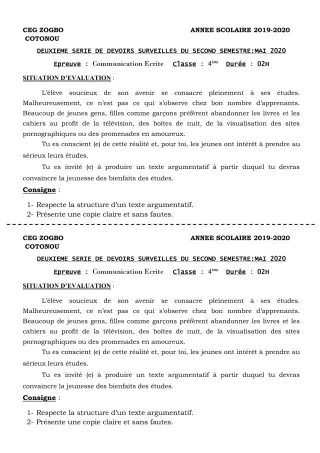 Première page de Français 4e, 4e ML — 2e devoir surveillé, 2e semestre (2019-2020) · CEG ZOGBO