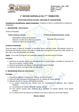 Première page de Histoire-Géographie 1ère C, 1ère D — 1er devoir surveillé, 3e trimestre (2019-2020) · CPEG LE PHARAON