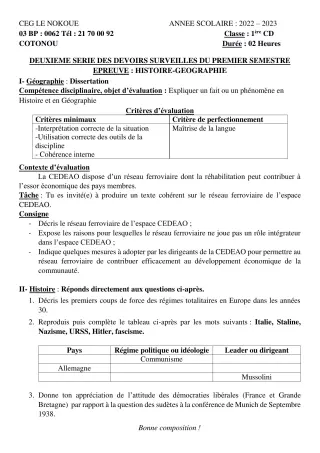 Première page de Histoire-Géographie 1ère C, 1ère D — 2e devoir surveillé, 1er semestre (2022-2023) · CEG LE NOKOUE