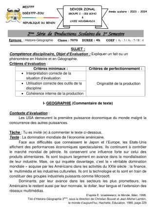 Première page de Histoire-Géographie Tle A & B — 2e production scolaire, 1er semestre (2023-2024) · CEG GOHO