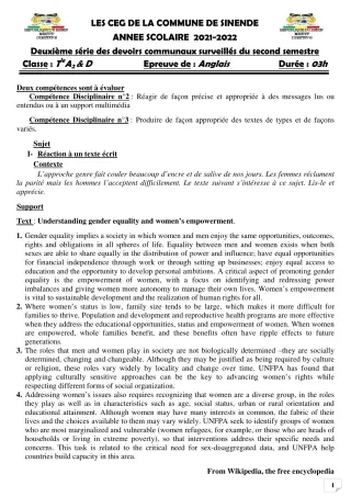 Première page de Anglais Tle A2 — 2e devoir surveillé, 2e semestre (2021-2022) · CEG SEKERE