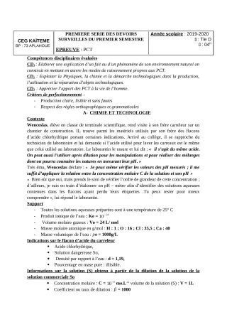 Première page de PCT Tle D — 1er devoir surveillé, 1er semestre (2019-2020) · CEG Kaïtèmè