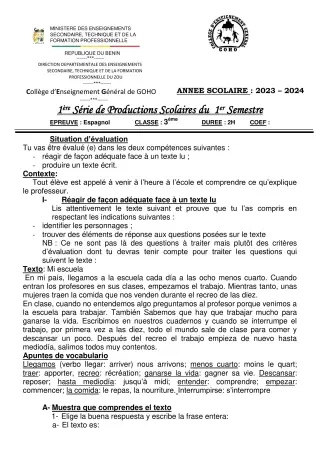 Première page de Espagnol 3e — 1re production scolaire, 1er semestre (2023-2024) · CEG GOHO