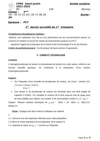 Première page de PCT 3e — 1er devoir surveillé, 1er trimestre (2021-2022) · CPEG SAINT Justin