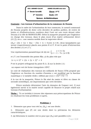 Première page de Mathématiques 2nde C — 1er devoir surveillé, 2e semestre (2023-2024) · CEG2 ABOMEY - CALAVI (CEG ZOCA)