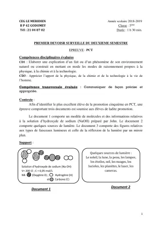 Première page de PCT 5e — 2e semestre (2018-2019) · CEG Le Méridien
