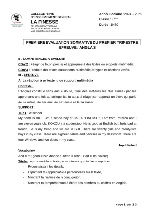 Première page de Anglais 6e, 5e, 4e, 3e, 2nde A1, 2nde A2, 2nde B, 2nde C, 2nde D, 1ère A1, 1ère A2, 1ère B, 1ère C, 1ère D, Tle A1, Tle A2, Tle B, Tle C, Tle D — 1re évaluation sommative, 1er trimestre (2024-2025) ·