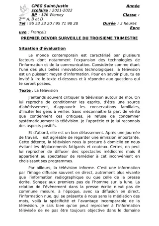 Première page de Français 2nde A2, 2nde B, 2nde C, 2nde D — 1er devoir surveillé, 3e trimestre (2021-2022) · CPEG SAINT Justin