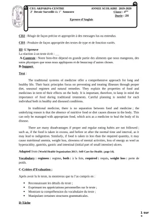 Première page de Anglais 4e, 4e ML — 2e devoir surveillé, 1er semestre (2019-2020) · CEG 1 Akpakpa-Centre