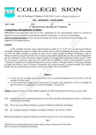 Première page de PCT 4e — Devoir surveillé, 2e semestre (2019-2020) · CEG PRIVE SION DES AD
