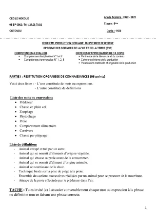 Première page de SVT 6e — 2e production scolaire, 1er semestre (2022-2023) · CEG LE NOKOUE