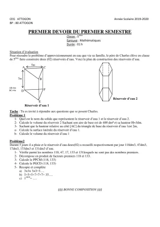 Première page de Mathématiques 5e — Composition, 1er semestre (2019-2020) · CEG Attogon