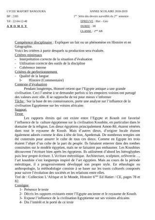 Première page de Histoire-Géographie 2nde A & B, 2nde D, 1ère A & B, 1ère D — 1er devoir surveillé, 2e semestre (2018-2019) · Lycée Houegbadja d'Abomey (Ex Mafory Bangoura)