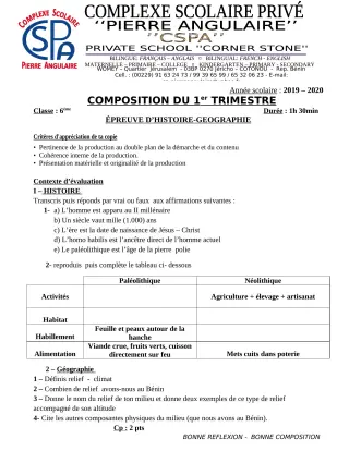 Première page de Histoire-Géographie 6e — Composition (2019-2020) · CPEG PIERRE ANGULAIRE