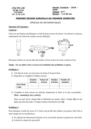Première page de Mathématiques 6e — 1er devoir surveillé, 1er semestre (2019-2020) · CEG du Lac