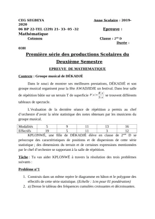 Première page de Mathématiques 2nde D — 1re production scolaire, 2e semestre (2019-2020) · CEG SEGBEYA