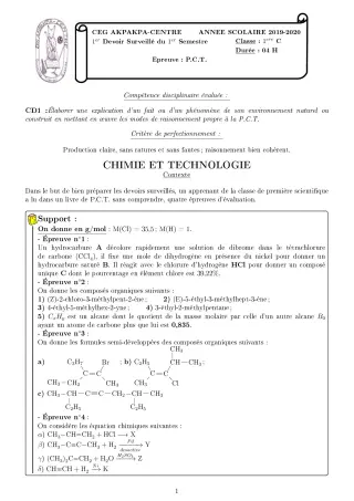 Première page de PCT 1ère C — 1er devoir surveillé, 1er semestre (2019-2020) · CEG 1 Akpakpa-Centre