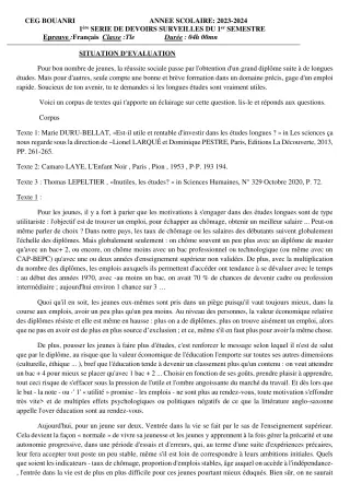 Première page de Français Tle A2, Tle D — 1er devoir surveillé, 1er semestre (2023-2024) · CEG - BOUANRI