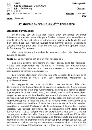 Première page de Français 2nde A2, 2nde B, 2nde C, 2nde D — 1er devoir surveillé, 2e trimestre (2020-2021) · CPEG SAINT Justin