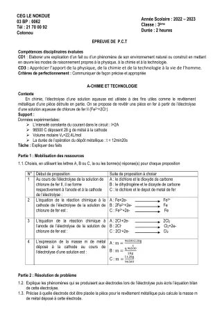 Première page de Devoir surveillé de PCT — 3e — CEG LE NOKOUE (2022)