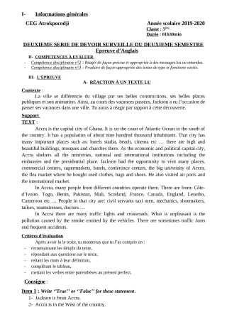 Première page de Anglais 5e — 2e devoir surveillé, 2e semestre (2019-2020) · CEG ATROKPOCODJI