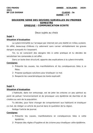 Première page de Français 3e, 3e ML — 2e devoir surveillé, 1er semestre (2020-2021) · CEG PAHOU