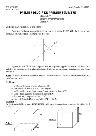 Première page de Mathématiques 6e — 1er devoir surveillé, 1er semestre (2019-2020) · CEG Attogon