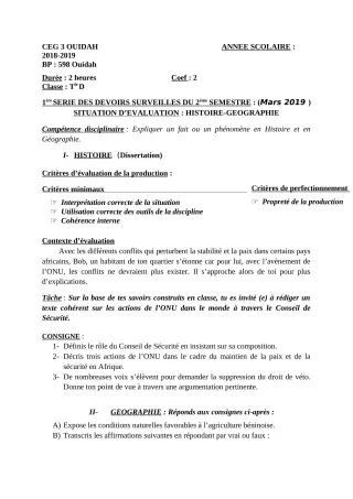 Première page de Histoire-Géographie Tle D — 1er devoir surveillé, 2e semestre (2018-2019) · CEG3 OUIDAH