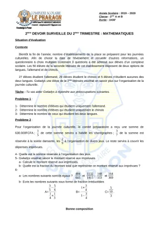 Première page de Mathématiques 2nde A, 2nde B — 2e devoir surveillé, 2e trimestre (2019-2020) · CPEG LE PHARAON