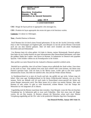 Première page de Allemand Tle B — 2e semestre (2022-2023) · CEG2 ABOMEY - CALAVI (CEG ZOCA)