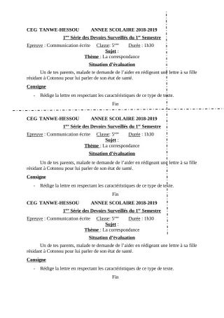 Première page de Français 5e — 1er devoir surveillé, 1er semestre (2018-2019) · CEG TANWE-HESSOU