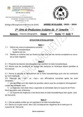Première page de Histoire-Géographie 4e ML — 1re production scolaire, 1er semestre (2023-2024) · CEG GOHO