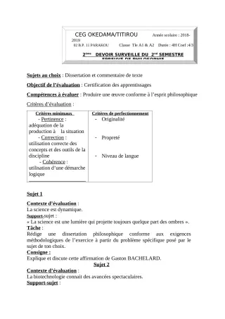 Première page de Philosophie Tle A1, Tle A2 — 3e devoir surveillé, 2e semestre (2018-2019) · CEG OKEDAMA