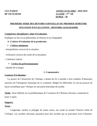 Première page de Histoire-Géographie 2nde A & B — 1er devoir surveillé, 1er semestre (2018-2019) · CEG PAHOU