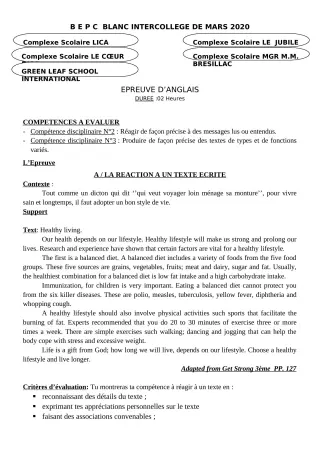 Première page de Examen Blanc de ANGLAIS — 3e, 3e ML — CPEG LICA (2019)