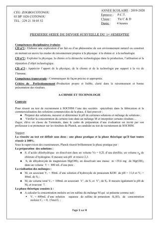 Première page de PCT Tle C, Tle D — 1er devoir surveillé, 1er semestre (2019-2020) · CEG ZOGBO