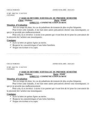 Première page de SVT 6e — 1er devoir surveillé, 1er semestre (2020-2021) · CEG LE NOKOUE