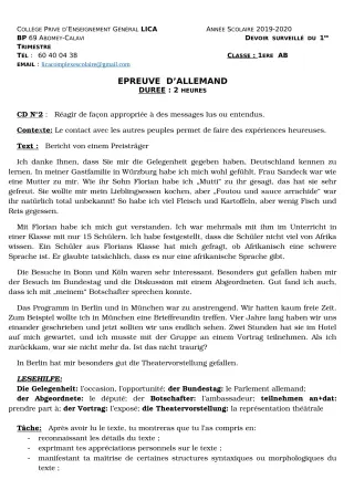 Première page de Allemand 1ère A2, 1ère B — Devoir surveillé, 1er trimestre (2019-2020) · CPEG LICA