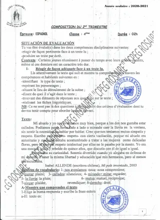 Première page de Espagnol 4e — 1re composition (2020-2021) · CPEG ROSAIRE