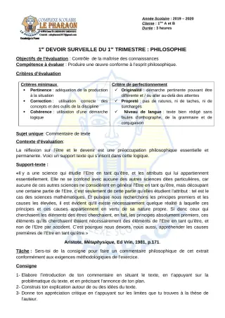 Première page de Philosophie 1ère A, 1ère B — 1er devoir surveillé, 1er trimestre (2019-2020) · CPEG LE PHARAON