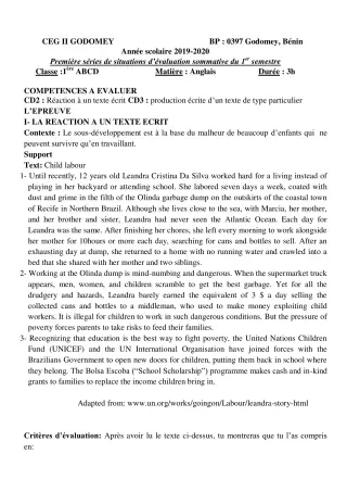 Première page de Anglais 1ère A2, 1ère B, 1ère C, 1ère D, 1ère EFS — Évaluation sommative, 1er semestre (2019-2020) · CEG2 Godomey
