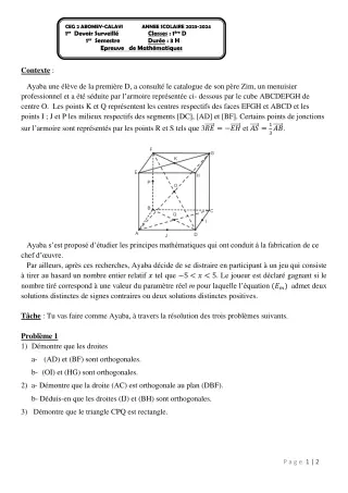 Première page de Mathématiques 1ère D — 1er devoir surveillé, 1er semestre (2023-2024) · CEG2 ABOMEY - CALAVI (CEG ZOCA)