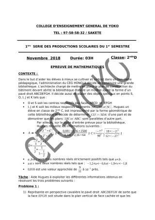 Première page de Mathématiques 2nde D — 1re production scolaire, 1er semestre (2018-2019) · CEG Yoko