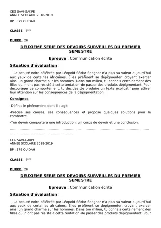 Première page de Français 4e, 4e ML — 2e devoir surveillé, 1er semestre (2018-2019) · CEG SAVI GAKPE