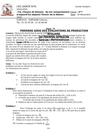 Première page de Mathématiques 6e, 5e, 4e ML&MC, 3e, 2nde A2, 2nde B, 2nde C, 2nde D, 1ère A2, 1ère B, 1ère C, 1ère D, Tle A2, Tle B, Tle C, Tle D — 1re évaluation sommative (2019-2020) · CEG Sainte Rita
