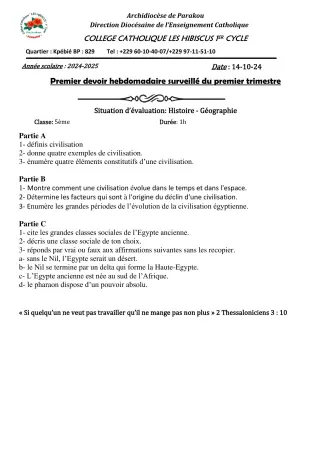 Première page de Histoire-Géographie 5e — 1er devoir surveillé, 1er trimestre (2024-2025) · Hibiscus 1er cycle