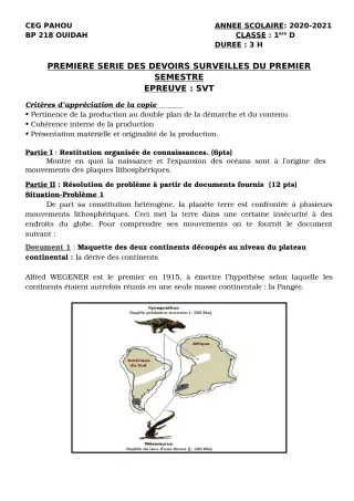 Première page de SVT 4e, 1ère D — 1er devoir surveillé, 1er semestre (2020-2021) · CEG PAHOU