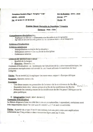 Première page de Histoire-Géographie 3e ML — 2e trimestre (2019-2020) · CPEG SEGUIN SENGHOR